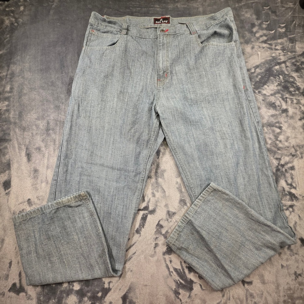 VTG Red Ape Mens Relaxed Fit Light Wash Cotton Denim Jeans Size 42 Red Stitching